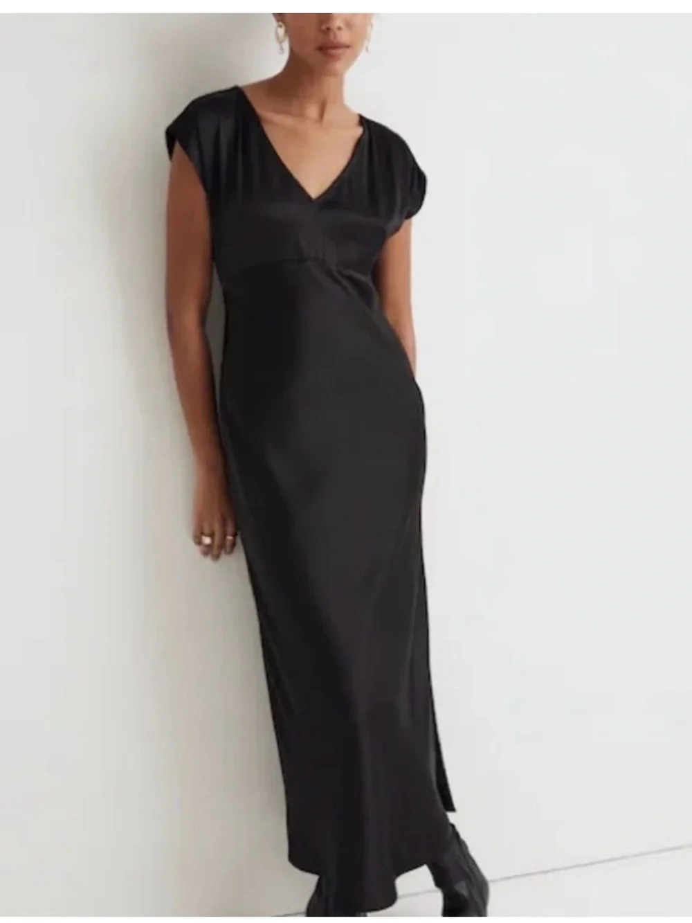 Madewell Black Satin V-Neck Maxi Dress Minimalist Wear